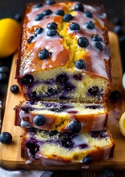 Sliced Lemon Blueberry Yogurt Loaf on a wooden cutting board
