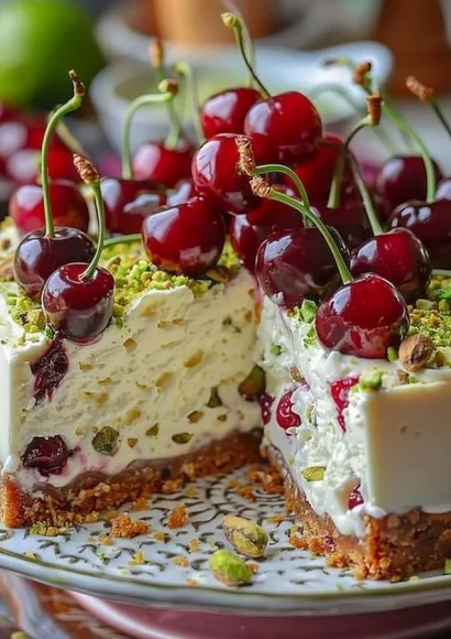Lemon-Lime Cherry Pistachio Cheesecake with garnishes on a plate