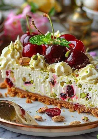 Lemon-Lime Cherry Pistachio Cheesecake slice on a decorative plate