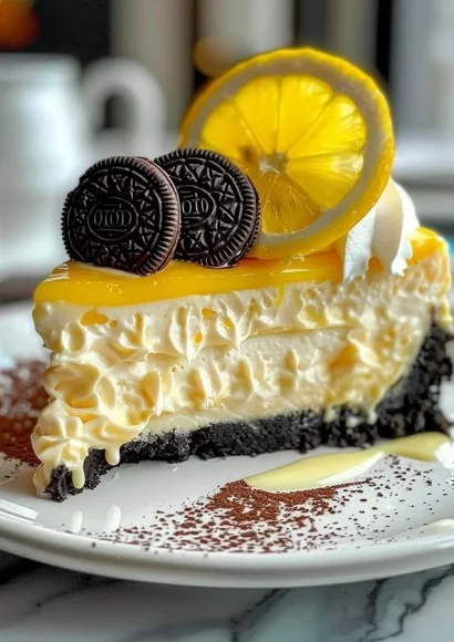 Lemon Oreo Cheesecake topped with lemon slices and Oreo cookie crumbles