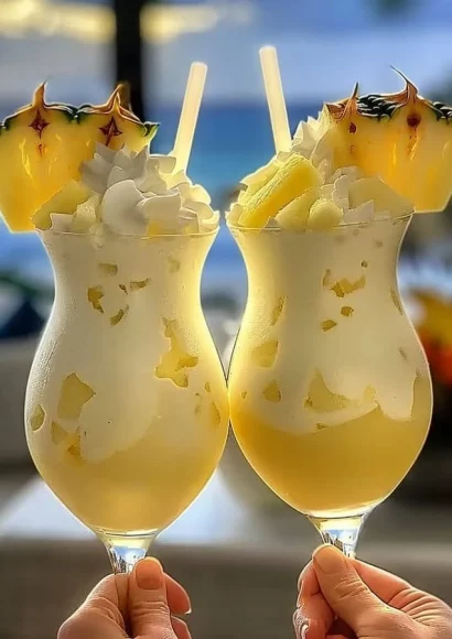 Glass of refreshing Lemon Piña Colada garnished with lemon slices and coconut flakes.