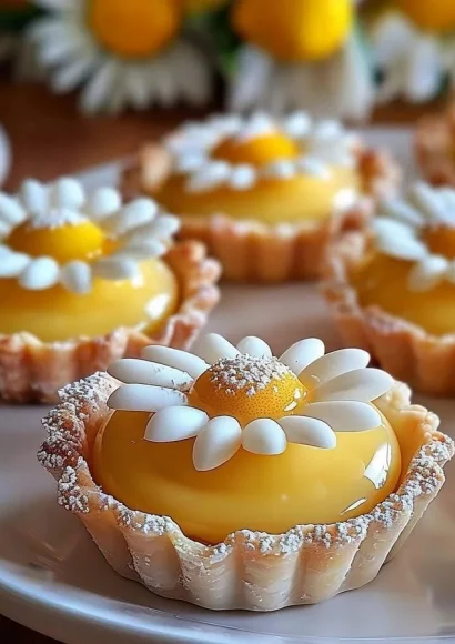 Lemon tartlets decorated with daisies, showcasing a delightful dessert.