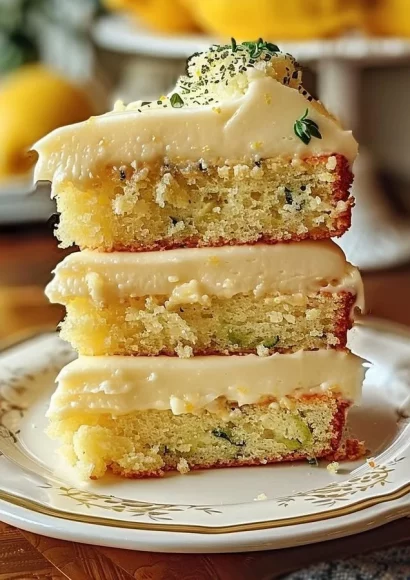 Lemon zucchini cake with cream cheese frosting on a white plate