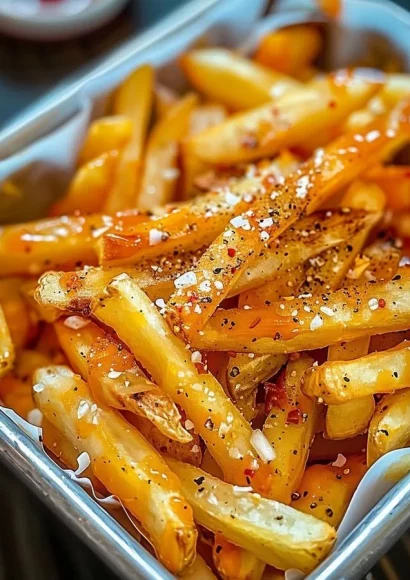 Delicious Louisiana Voodoo Fries topped with spices and sauces