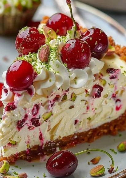 Lemon-lime cherry pistachio cheesecake topped with vibrant fruit and nuts.
