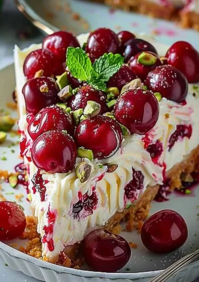 Luscious lemon-lime cherry pistachio cheesecake topped with vibrant fruits.