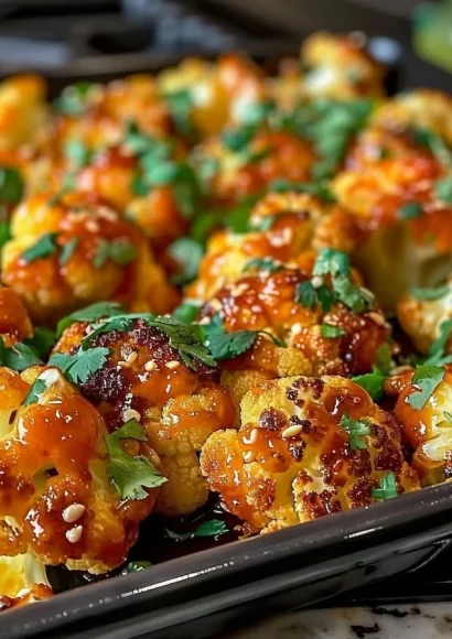 Plate of Maple Sriracha Roasted Cauliflower, garnished with herbs