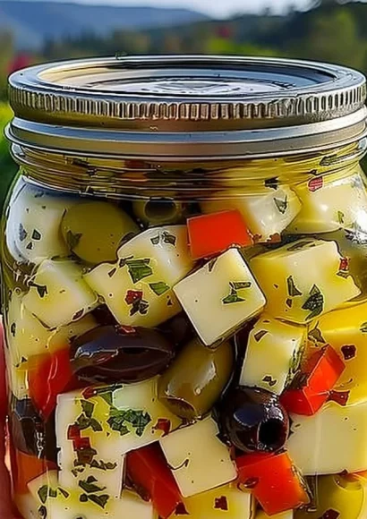 Marinated cheese and olives served in a beautifully arranged platter.