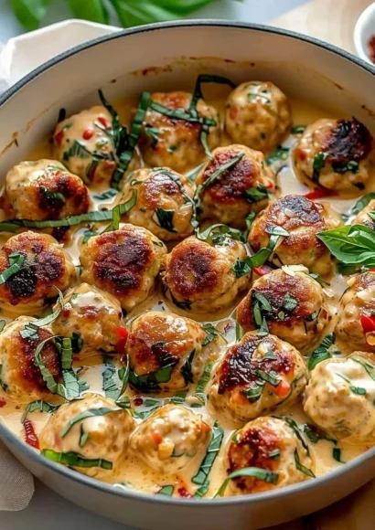Marry Me Chicken Meatballs plated with herbs and sauce, showcasing a delicious meal.