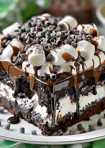 Marshmallow Chocolate Poke Cake with chocolate sauce and marshmallow topping