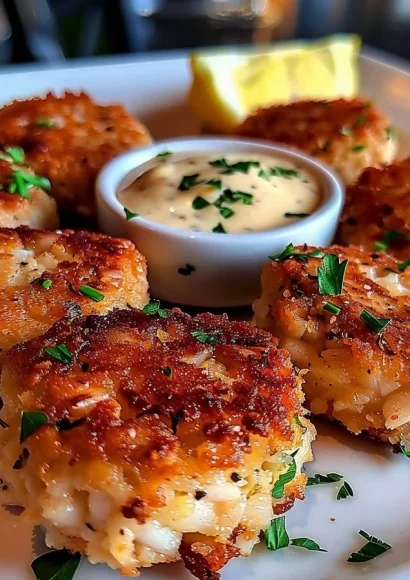 Delicious Maryland crab cakes served with tartar sauce and lemon wedges
