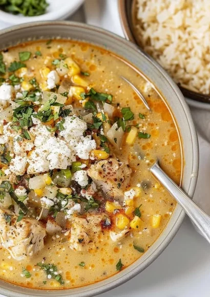 Bowl of Mexican Street Corn Soup with fresh ingredients and spices