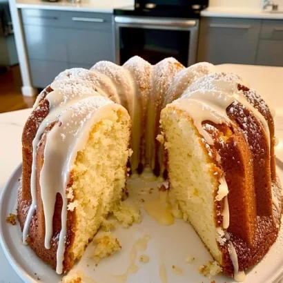 A delicious slice of Mile High Pound Cake on a rustic wooden table