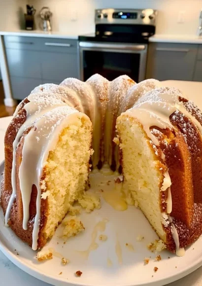 A delicious slice of Mile High Pound Cake on a rustic wooden table