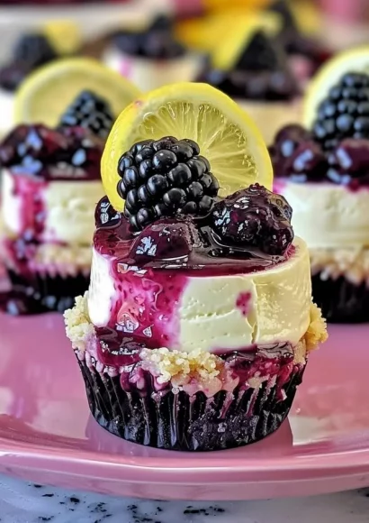 Mini lemon blackberry cheesecakes topped with fresh blackberries and lemon zest