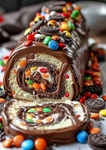 M&M's Ferrero Oreo Roll Cake topped with M&M candies and chocolate drizzle