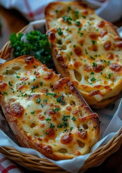 Deliciously baked cheesy garlic bread with a golden crust and melted cheese.