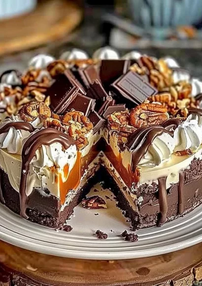 No-Bake German Chocolate Cheesecake topped with chocolate curls and nuts