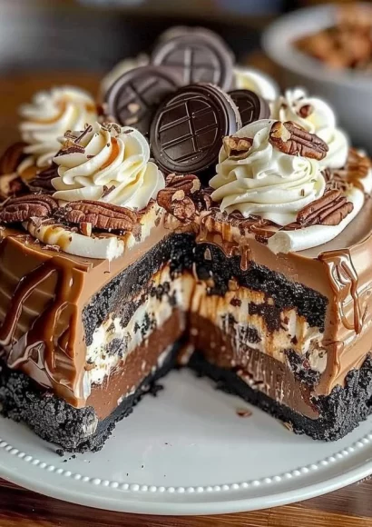 Delicious No-Bake German Chocolate Cheesecake topped with coconut and pecans