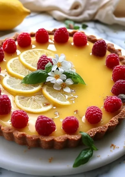 No-Bake Lemon Tart topped with Raspberries and Basil for a refreshing dessert.
