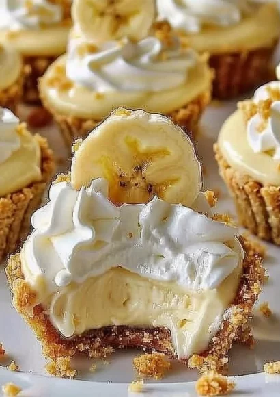 Delicious no-bake mini banana cream pies topped with banana slices and whipped cream