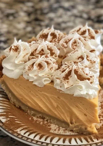 Delicious No-Bake Pumpkin Pie topped with whipped cream and spices.