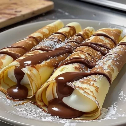 Delicious Nutella crepes filled with creamy Nutella and topped with chocolate drizzle.
