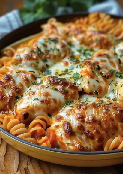 One-Pot Chicken Parmesan Pasta with cheese and herbs in a bowl