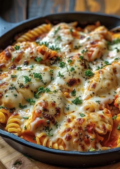 One-pot chicken parmesan pasta dish, featuring creamy sauce and tender chicken.