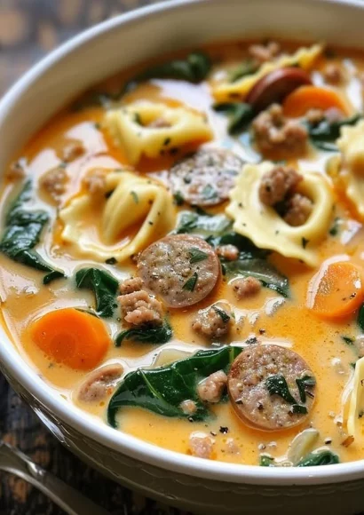 Creamy one-pot sausage tortellini soup with spinach and sweet potatoes