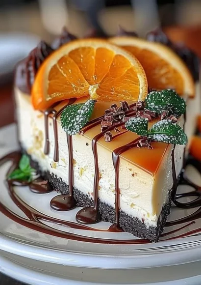 Slice of orange mascarpone cheesecake with chocolate drizzle on a dessert plate.