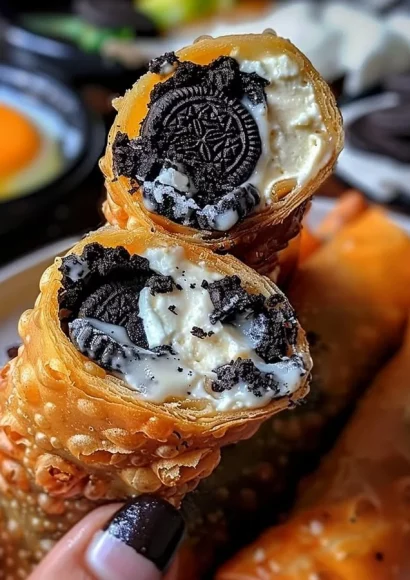 Oreo Cheesecake Egg Rolls with chocolate drizzle on a plate