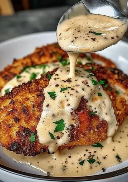 Parmesan Crusted Chicken with a creamy garlic sauce on a plate