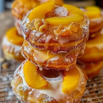 Peach Cobbler Cheesecake Donuts served on a plate with fresh peaches.