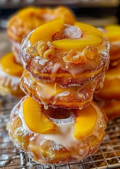 Peach Cobbler Cheesecake Donuts served on a plate with fresh peaches.