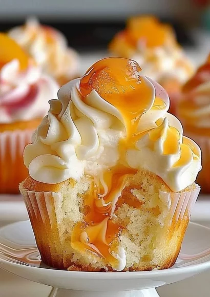 Delicious peach cupcakes with creamy frosting displayed on a white plate