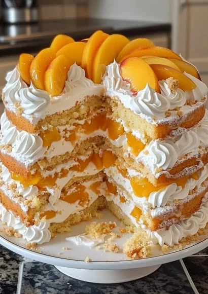 Peaches and Cream Layer Cake with fresh peaches and creamy frosting