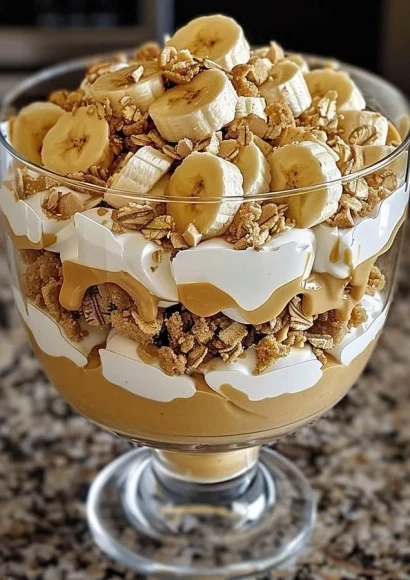 Peanut Butter Banana Trifle layered with bananas, peanut butter, and whipped cream