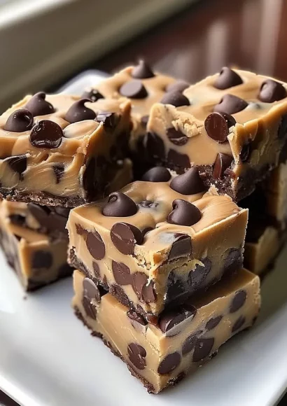 Peanut Butter Chocolate Chip Cookie Dough Bars topped with chocolate chips