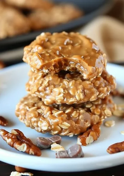 Delicious peanut butter no bake cookies stacked on a plate.