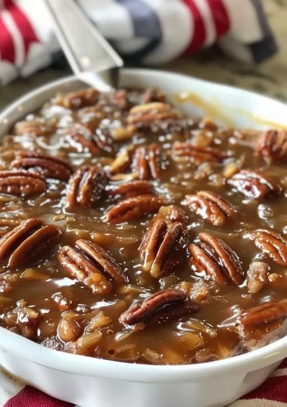 Delicious pecan pie cobbler served warm with a scoop of ice cream