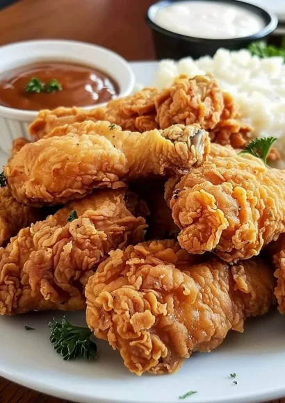 Perfectly crispy country fried chicken served with sides
