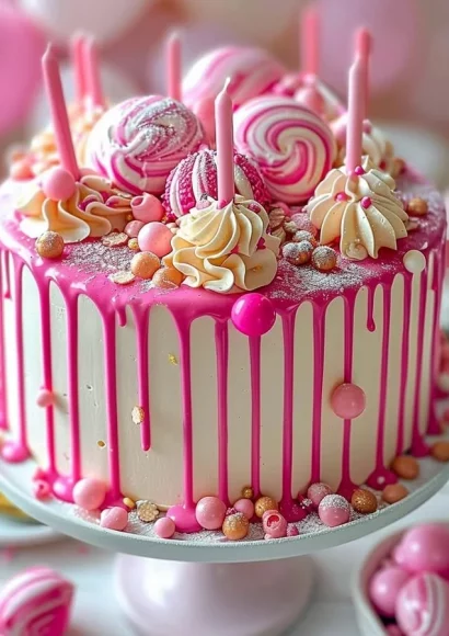 Elegant Pink Drip Cake with beautiful drips and toppings for celebrations