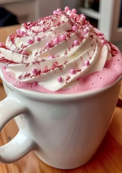 A cup of Pink Velvet Hot Chocolate topped with whipped cream and heart sprinkles.