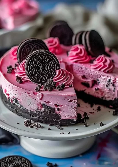 Delicious Pink Velvet Oreo Cheesecake with creamy layers and Oreo crust.