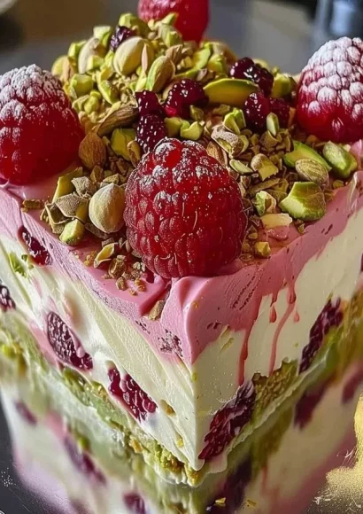 Delicious Pistachio Raspberry Cheesecake topped with fresh raspberries and pistachios.