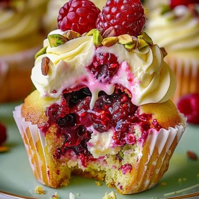 Pistachio raspberry cheesecake cupcakes topped with fresh raspberries