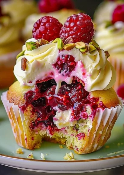 Pistachio raspberry cheesecake cupcakes topped with fresh raspberries