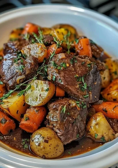 Delicious pot roast with carrots and potatoes, perfect for a hearty meal.
