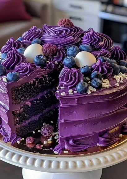 Purple velvet cake with cream cheese frosting, vibrant and delicious dessert